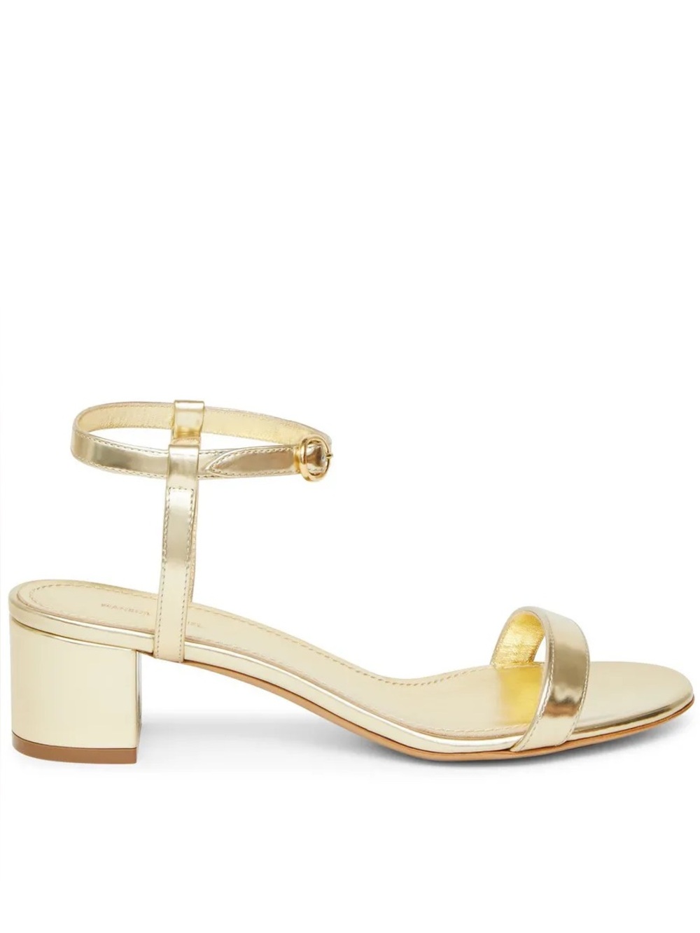NIB Mansur Gavriel Metallic Gold Ankle Strap Block Heel Leather Sandals - IT 35